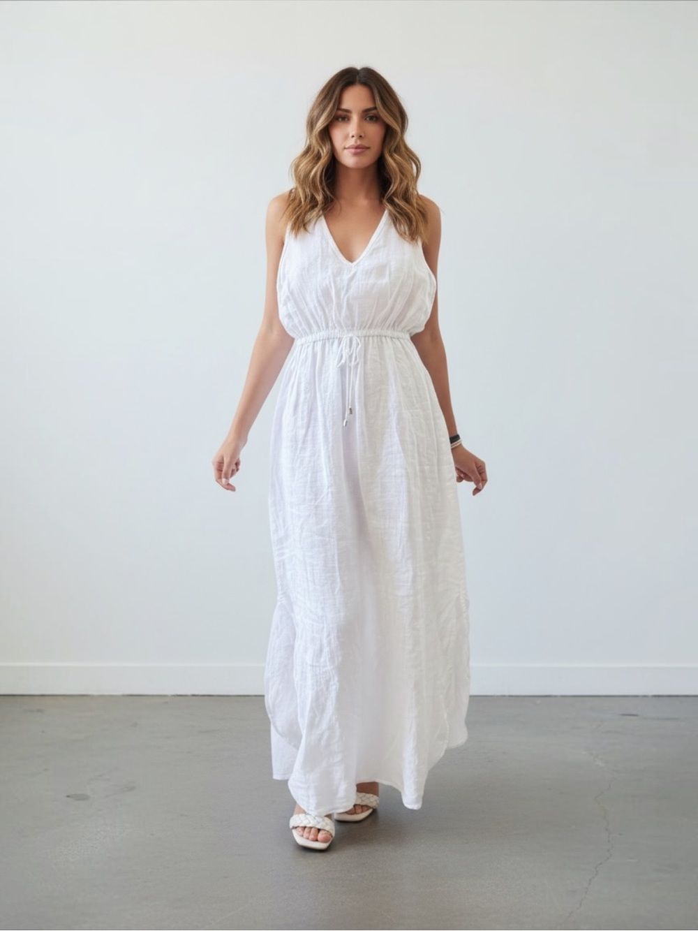100% Pure European Linen TERZO MILLENNIO White Maxi Dress NWT Made in Italy L